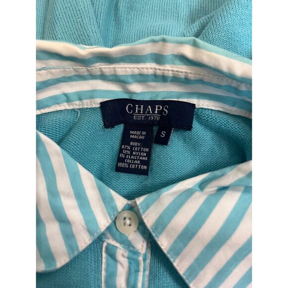 Vtg Chaps Blue Polo Shirt Striped Collar Button Size S Cotton Blend L/S Preppy - Picture 6 of 7